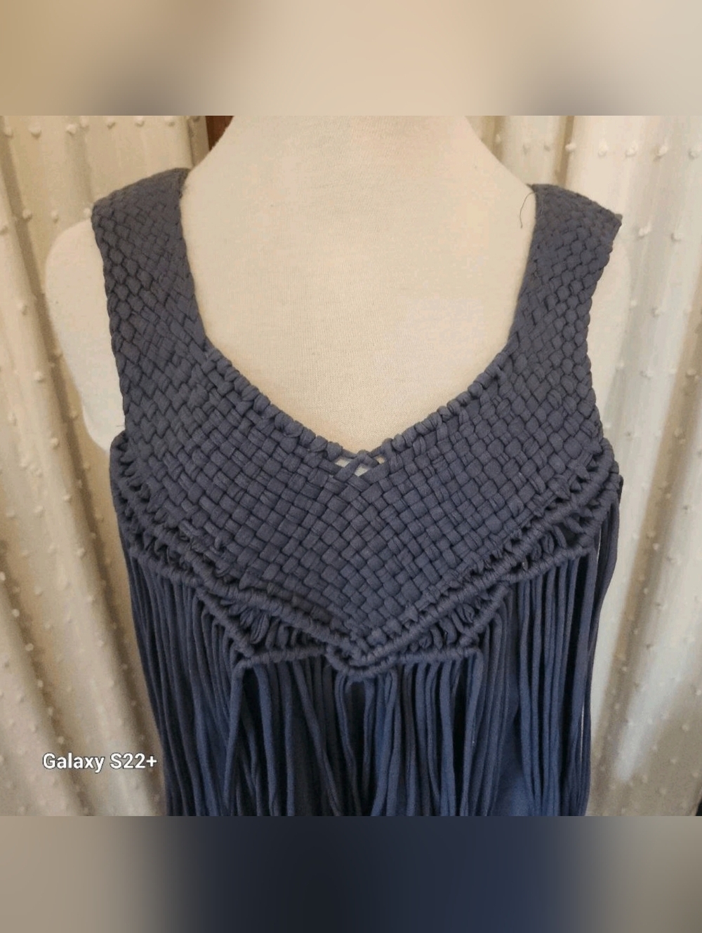 T16 Fringed Woven Yoke Western Tank Top w lace inset back - Slate Blue - Picture 3 of 8